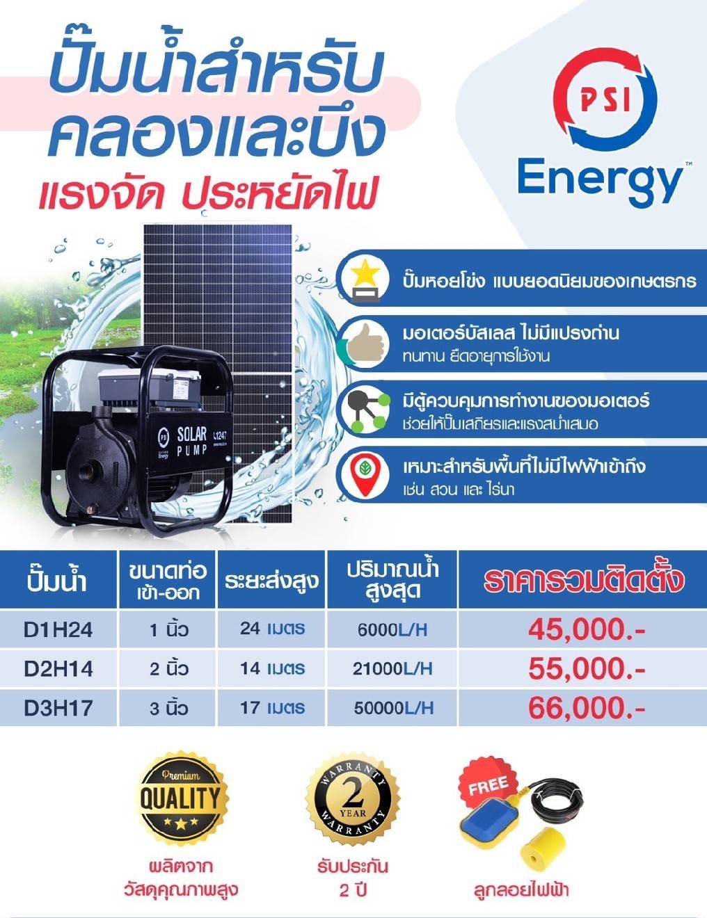 ชุดปั้มโซล่าเซลล์ PSI ชุดปั้มน้ำสำหรับ คลองและบึง แรงจัดประหยัดไฟ